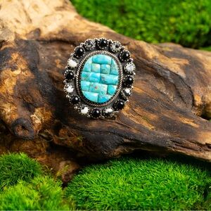 925 Sterling Silver Royston Turquoise with Black Onyx and White Buffalo Ring